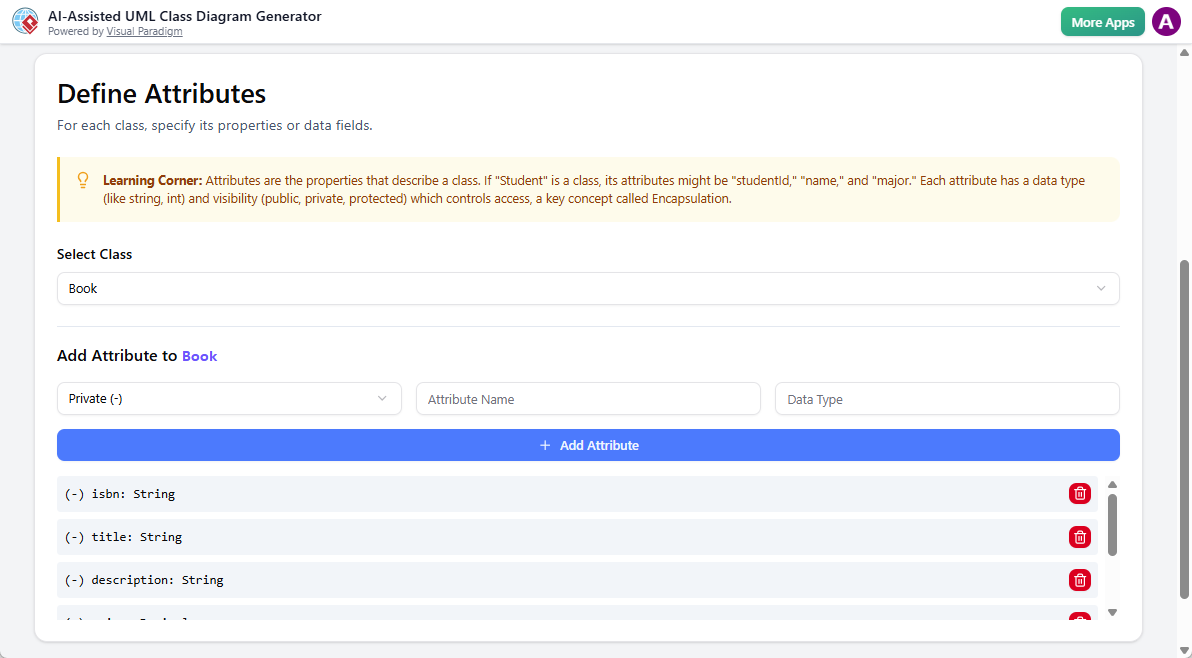 AI-Assisted UML Class Diagram Generator: Step 3 - Define attributes
