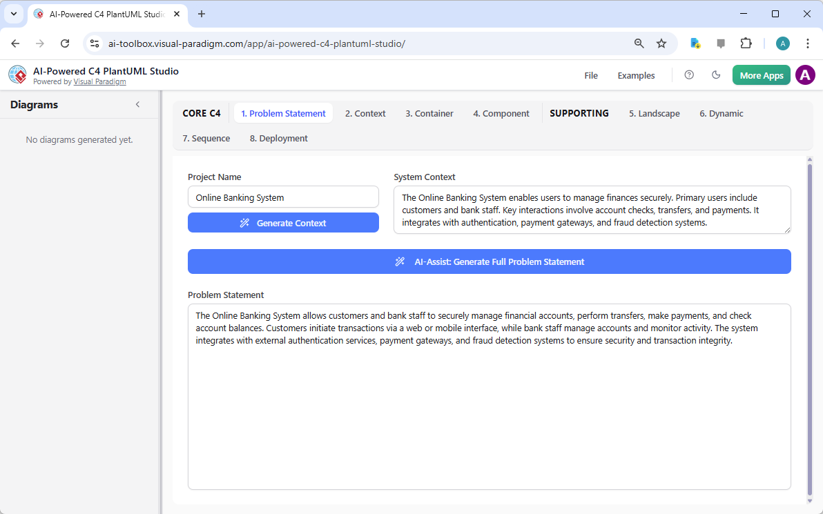 Visual Paradigm AI-Powered C4 PlantUML Studio: Providing problem statement