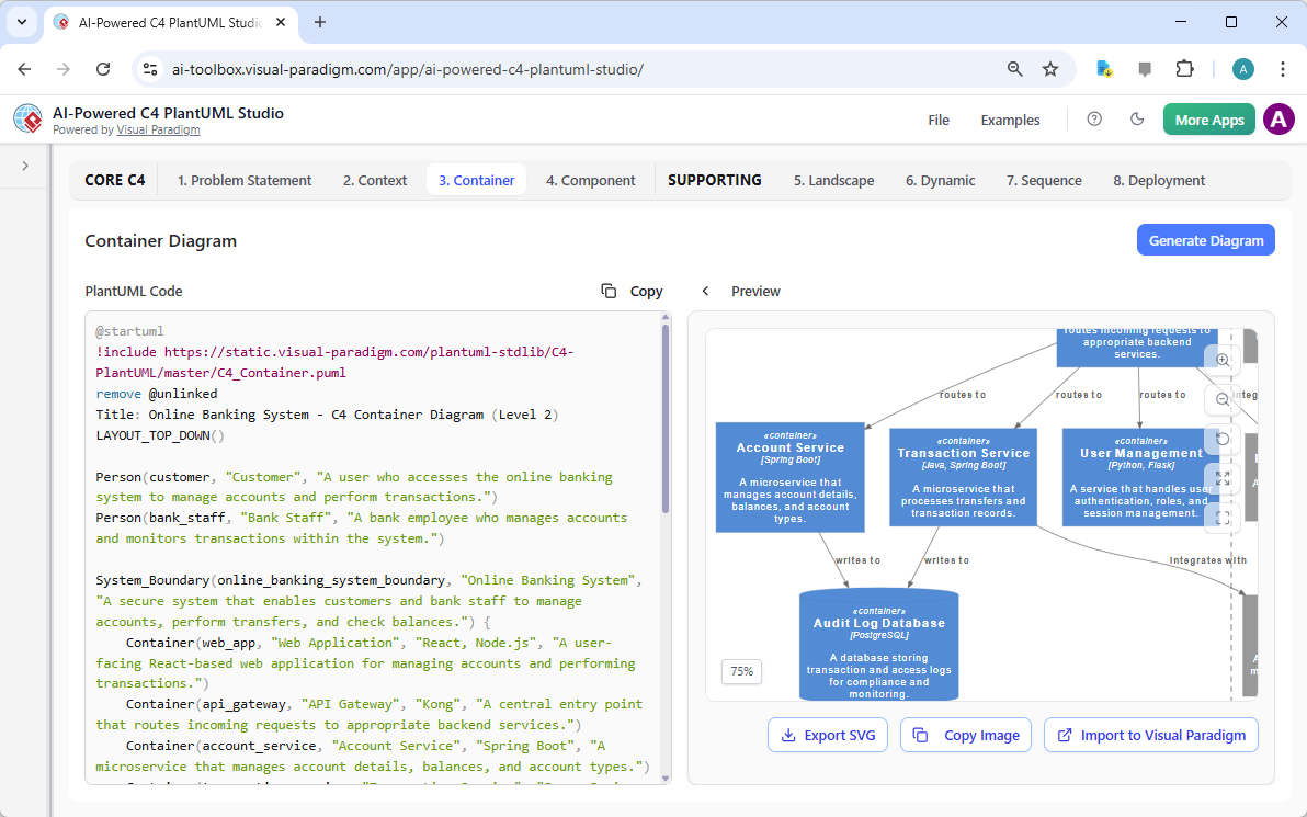 Visual Paradigm AI-Powered C4 PlantUML Studio: C4 Container Diagram