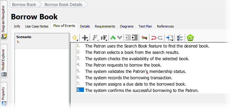 Flow of Events editor for Borrow Book use case
