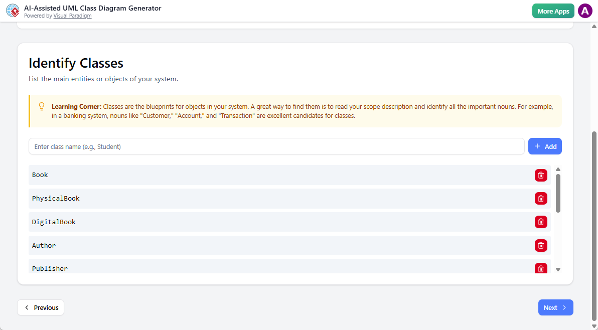 AI-Assisted UML Class Diagram Generator: Step 2 - Identify classes