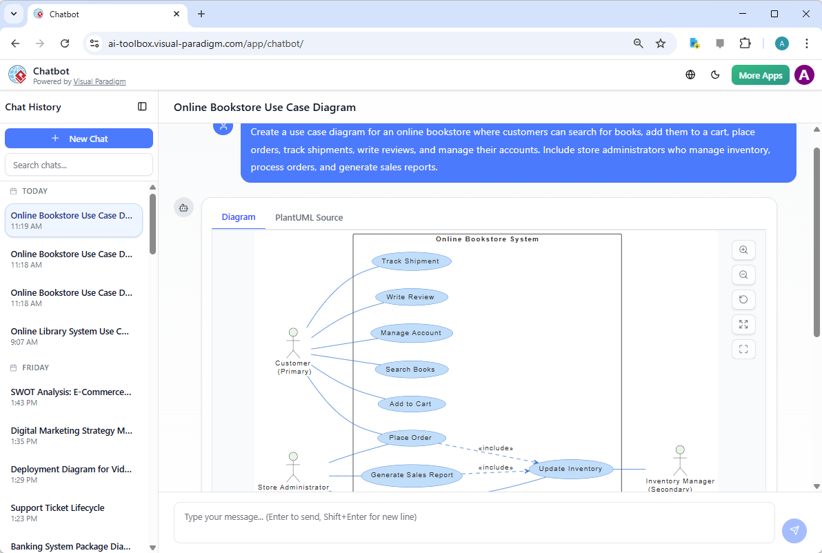Use Case Diagram for an online bookstore system generated by Visual Paradigm's AI Chatbot