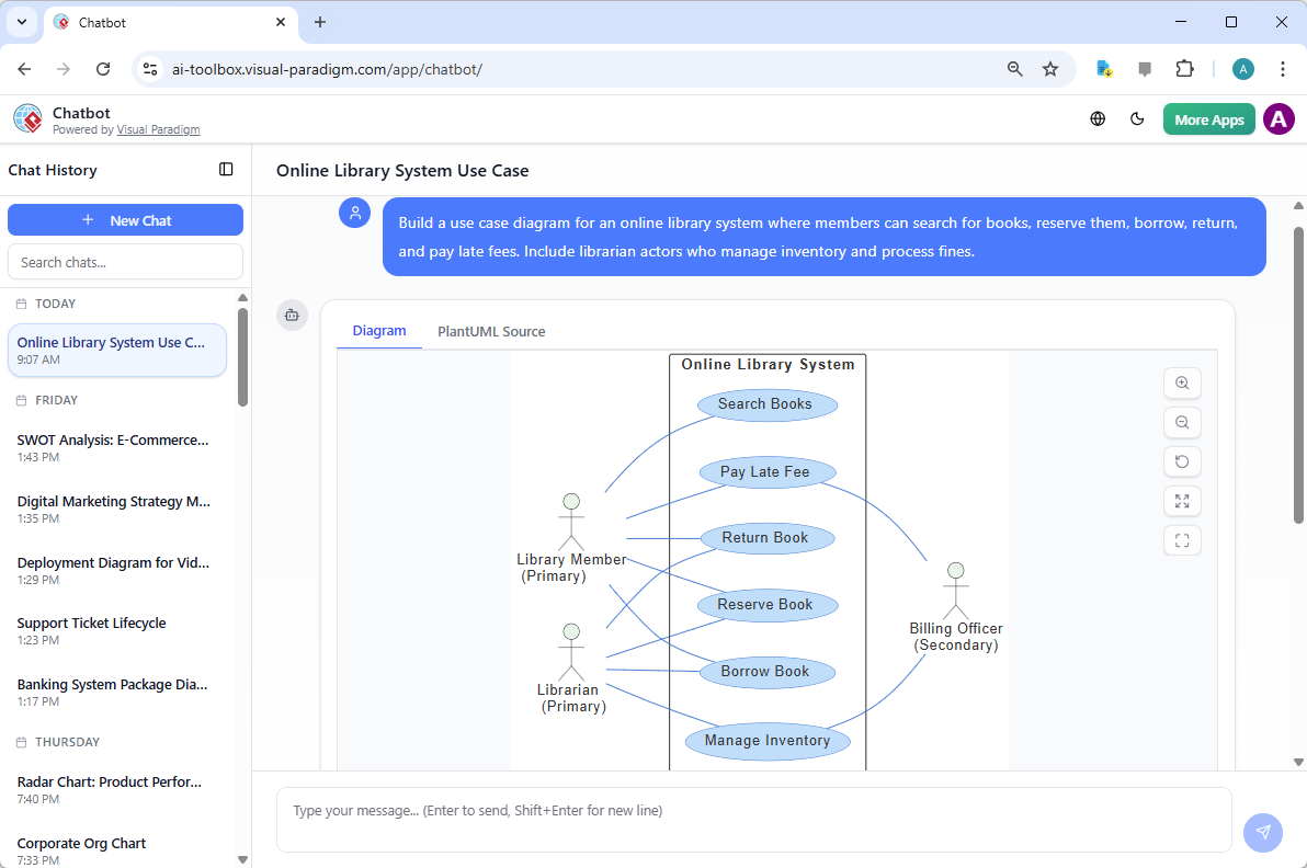 Visual Paradigm AI Chatbot - Generating a Use Case Diagram for a Library System