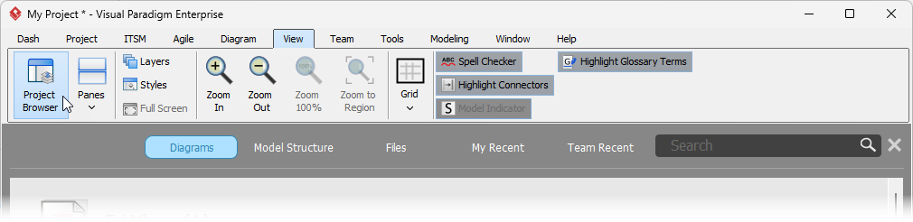 To open the Project Browser from Visual Paradigm