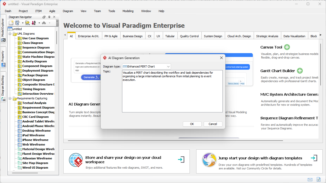 This is the screenshot of Visual Paradigm Desktop's AI Diagram Generation feature. It shows the input of a problem descriptio