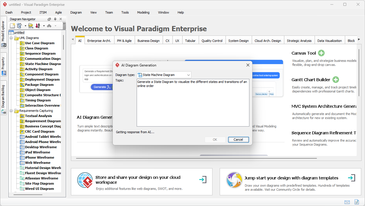 This is the screenshot of Visual Paradigm Desktop. It shows the input of a problem description to generate UML State Machine 