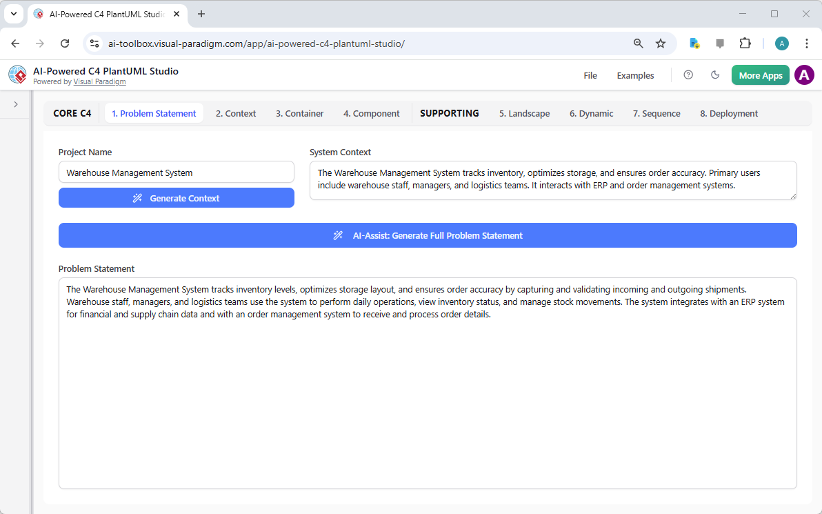 This is the screenshot of Visual Paradigm's AI-Powered C4 PlantUML Studio. We are now at the first step. The user has provide