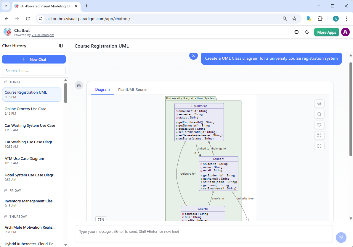 Using Visual Paradigm's AI Chatbot to generate a class diagram
