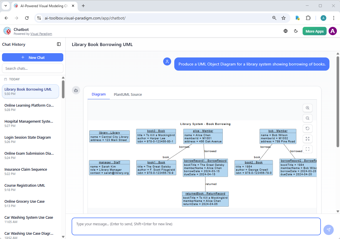 Using Visual Paradigm's AI Chatbot to generate an object diagram