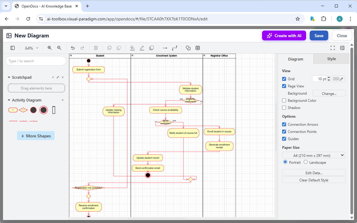 Editing an activity diagram in Visual Paradigm OpenDocs, generated by its AI Diagram Generator