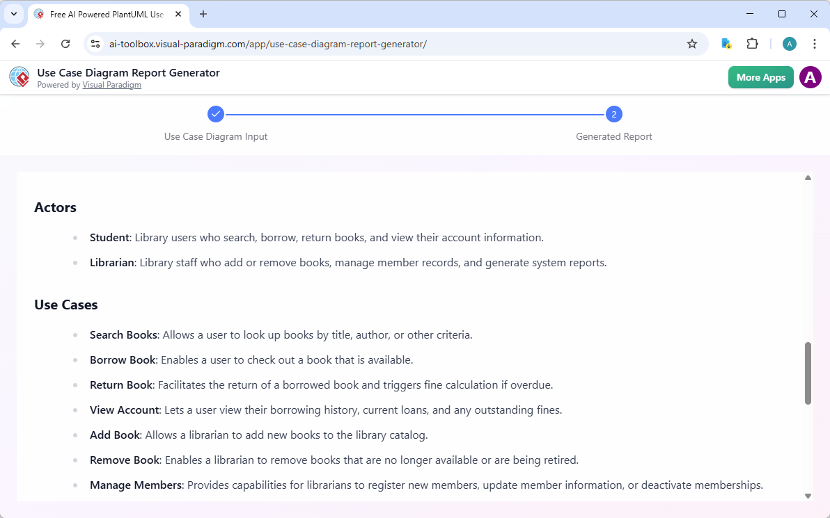 Screenshot of Visual Paradigm's AI Powered Use Case Report Generator
