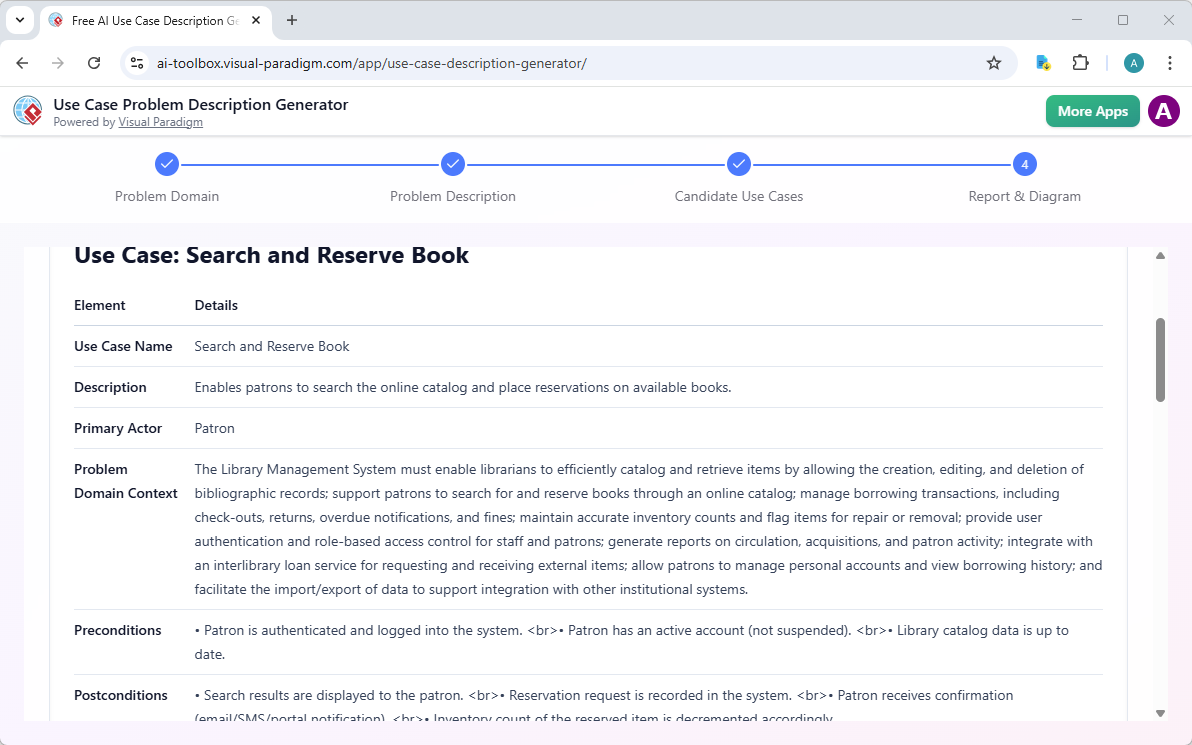 Screenshot of Visual Paradigm's AI Powered Use Case Description Generator