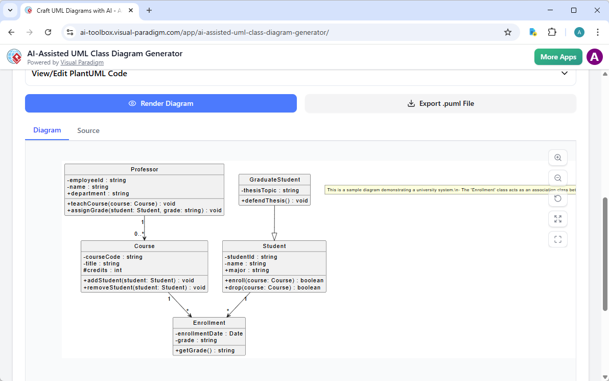 Screenshot of Visual Paradigm's AI Assisted UML Class Diagram Generator