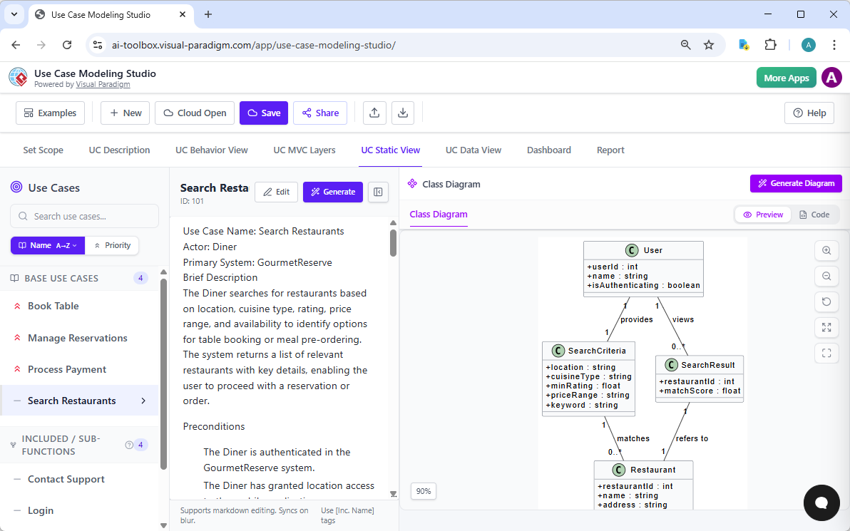 Screenshot of Visual Paradigm's AI Powered Use Case Modeling Studio