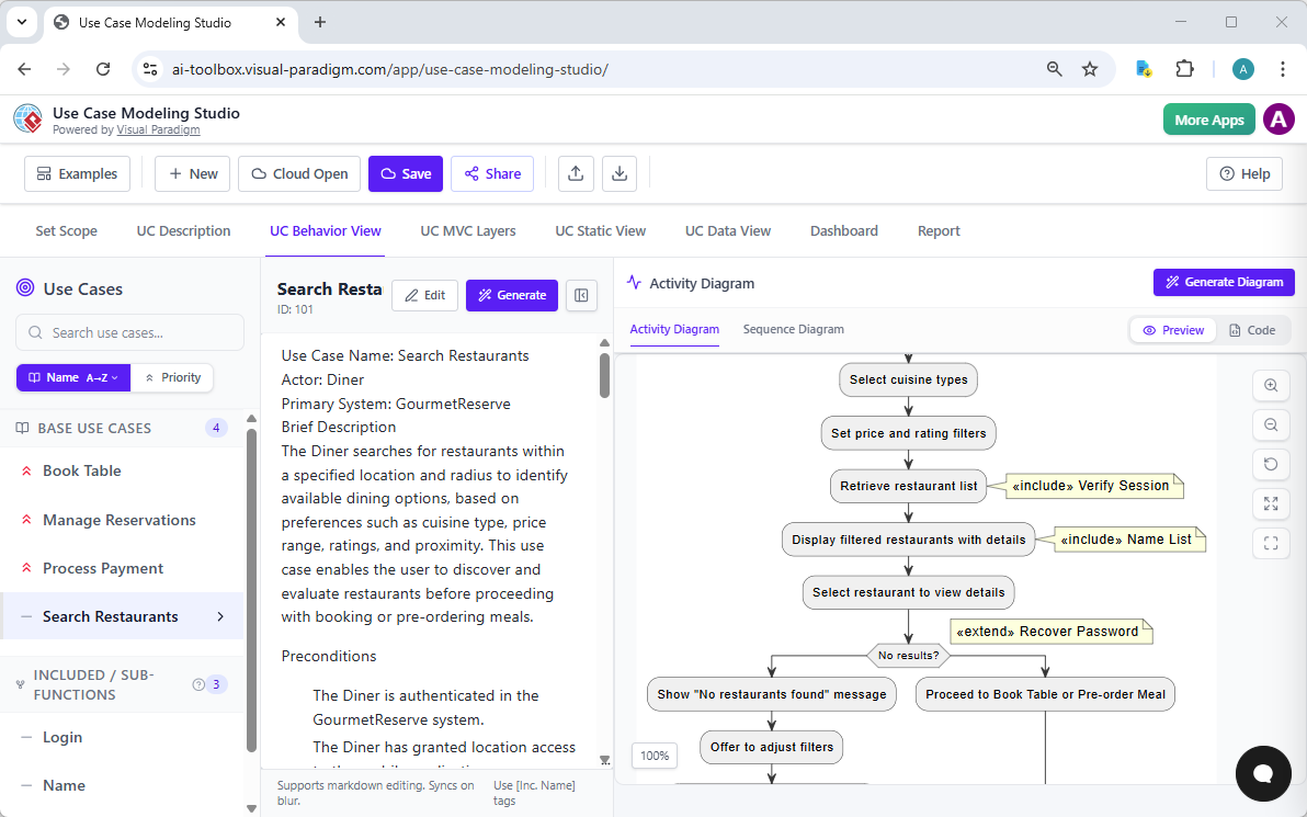 Screenshot of Visual Paradigm's AI Powered Use Case Modeling Studio