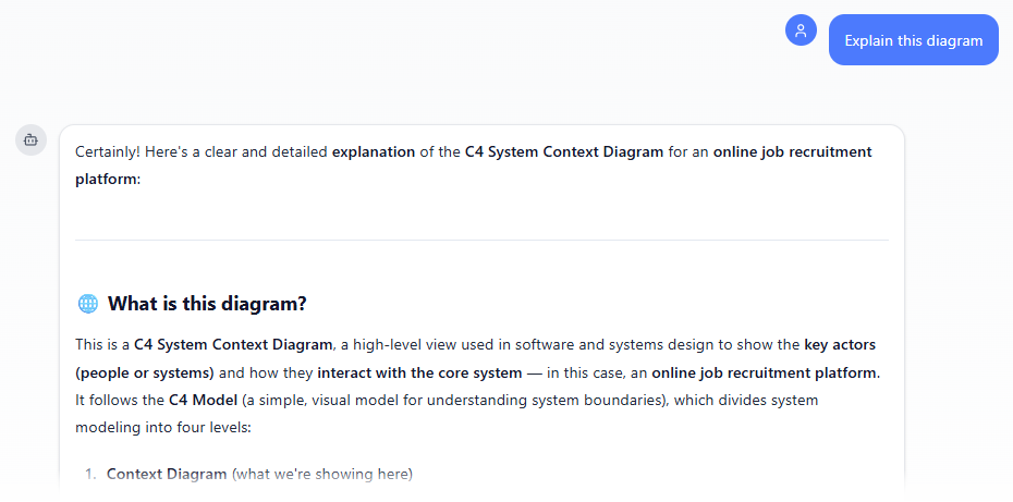 Asking AI to explain a C4 System Context Diagram generated in Visual Paradigm's AI Chatbot