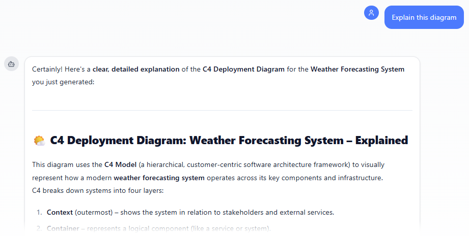Asking AI to explain a C4 Deployment Diagram generated in Visual Paradigm's AI Chatbot
