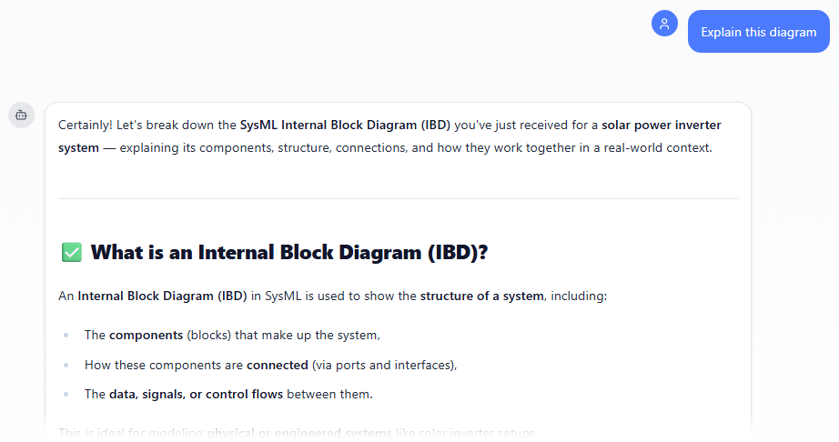 Asking AI to explain a SysML Internal Block Diagram generated in Visual Paradigm's AI Chatbot