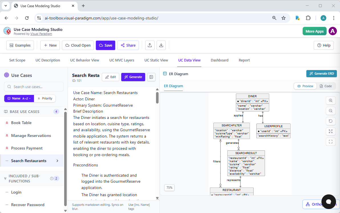 Editing an ERD in Visual Paradigm's AI Powered Use Case Modeling Studio