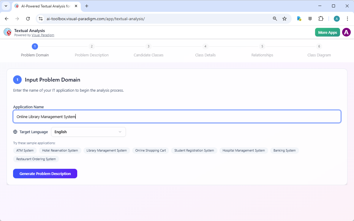 A screenshot of Visual Paradigm's AI Powered Textual Analysis, which starts by submitting the name of the system