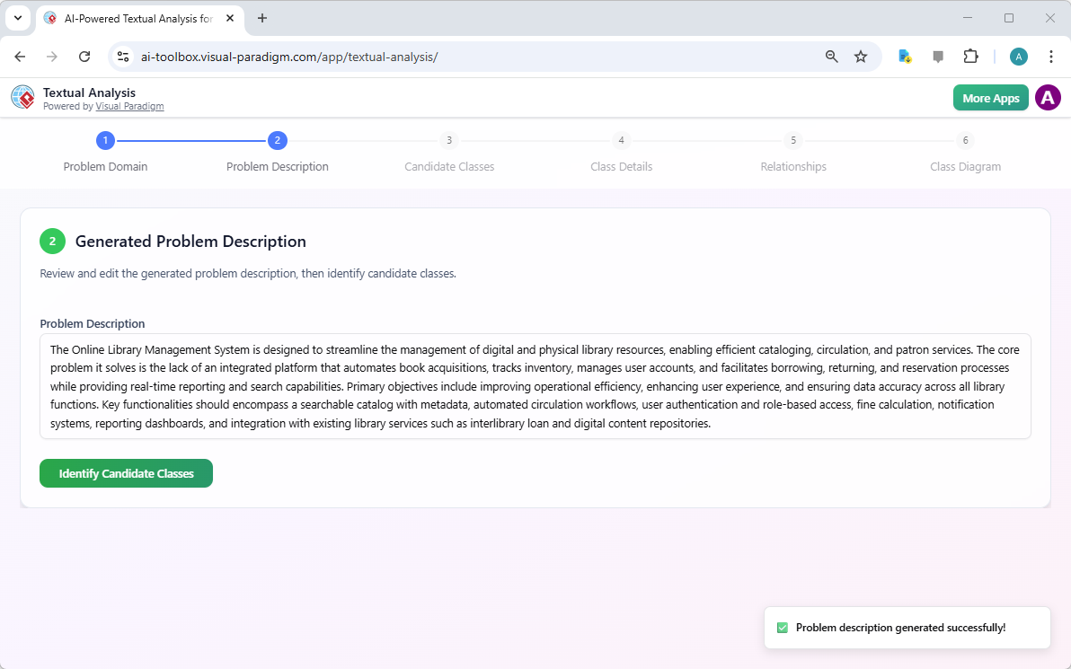 A problem description is generated by AI based on a concise problem domain description