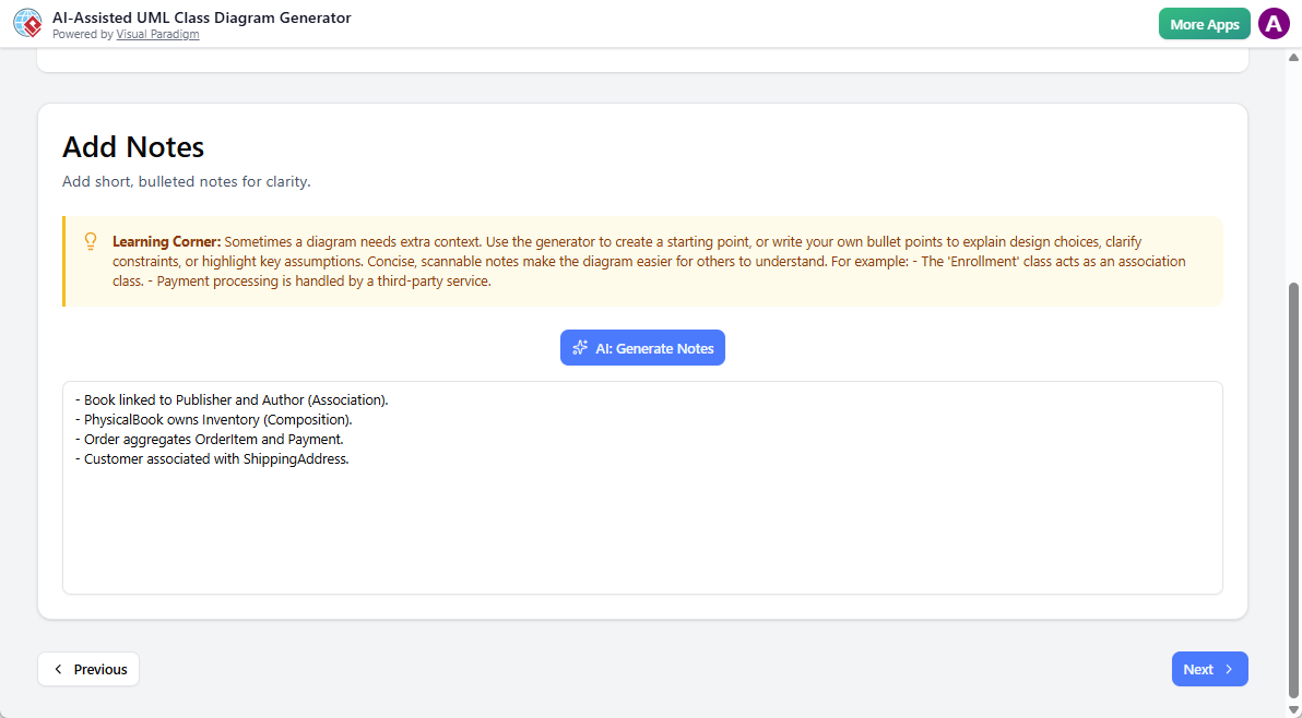 AI-Assisted UML Class Diagram Generator: Step 8 - Add notes