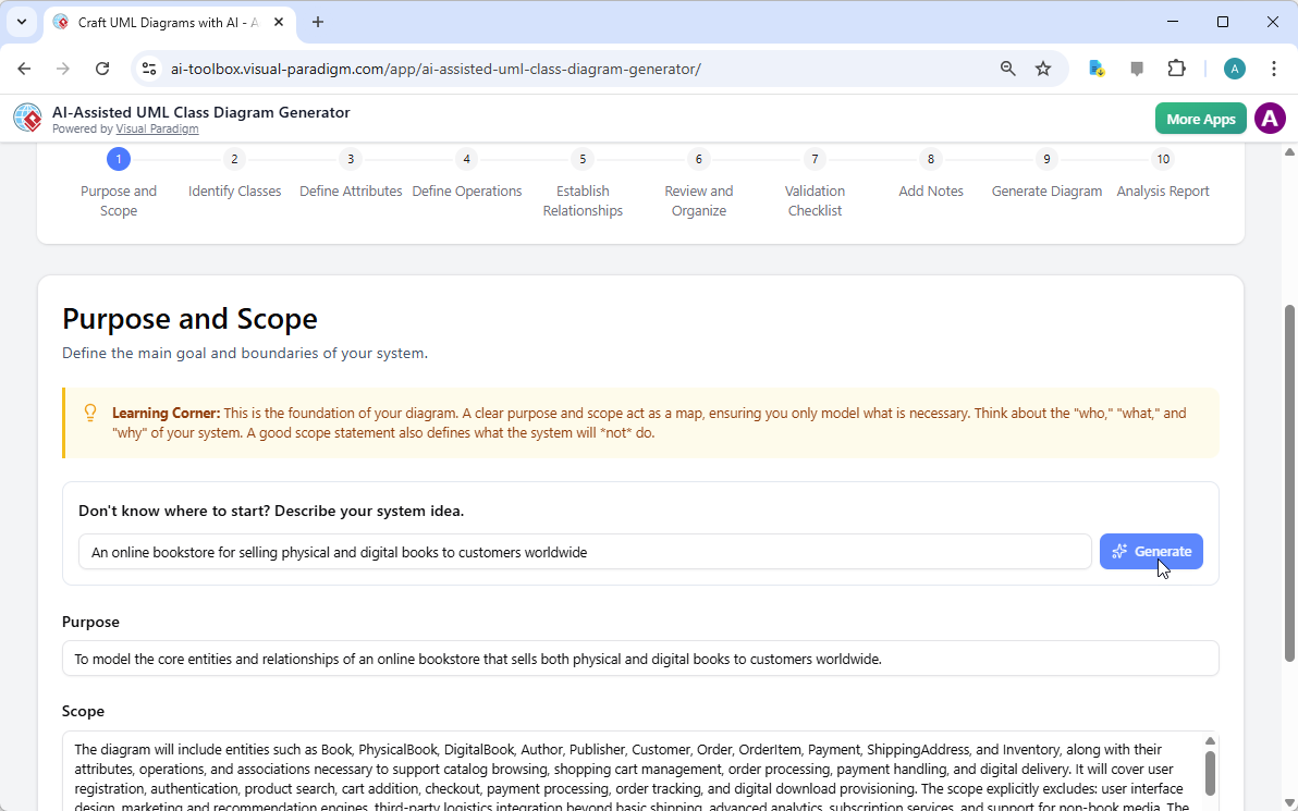AI-Assisted UML Class Diagram Generator: Step 1 - Identify purpose and scope