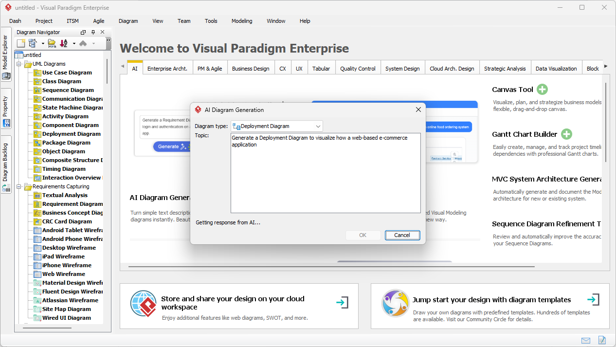 This is a screenshot of Visual Paradigm (aka. Visual Paradigm Desktop). It is now showing the use of AI diagram generation to