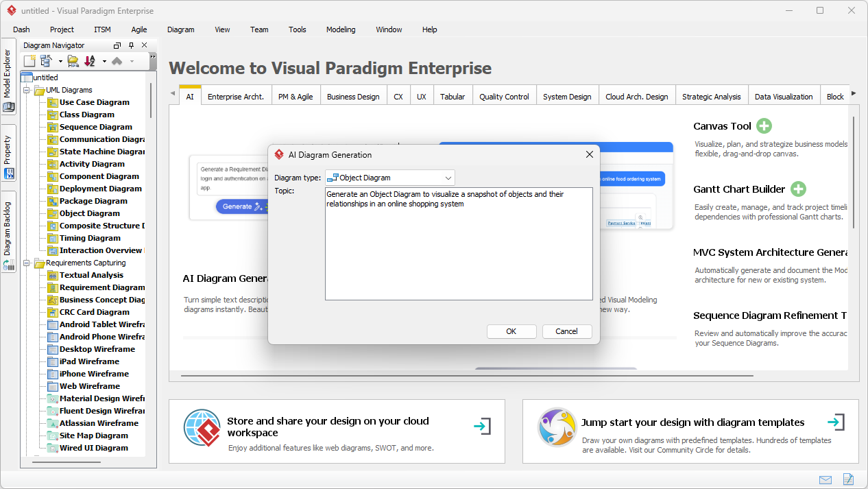 This is a screenshot of Visual Paradigm (aka. Visual Paradigm Desktop). It is now showing the use of AI diagram generation to