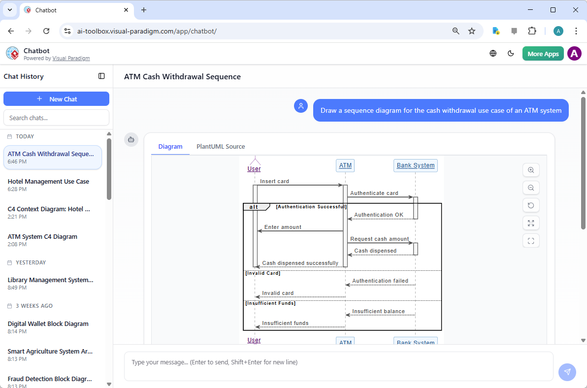 This is the screenshot of Visual Paradigm AI Chatbot. It shows the generation of a UML sequence diagram based on a chat messa