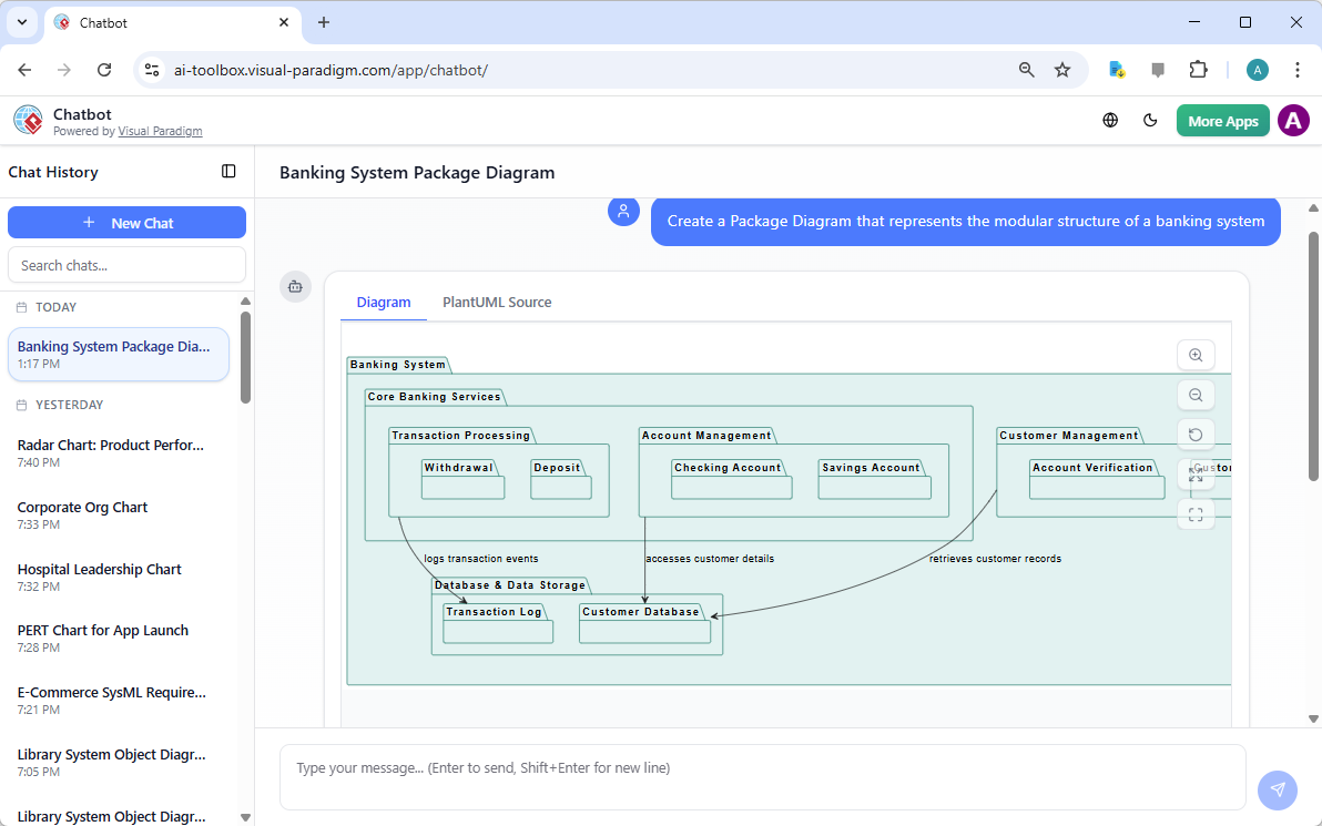 This is the screenshot of Visual Paradigm AI Chatbot. It shows the generation of a UML package diagram based on a chat messag