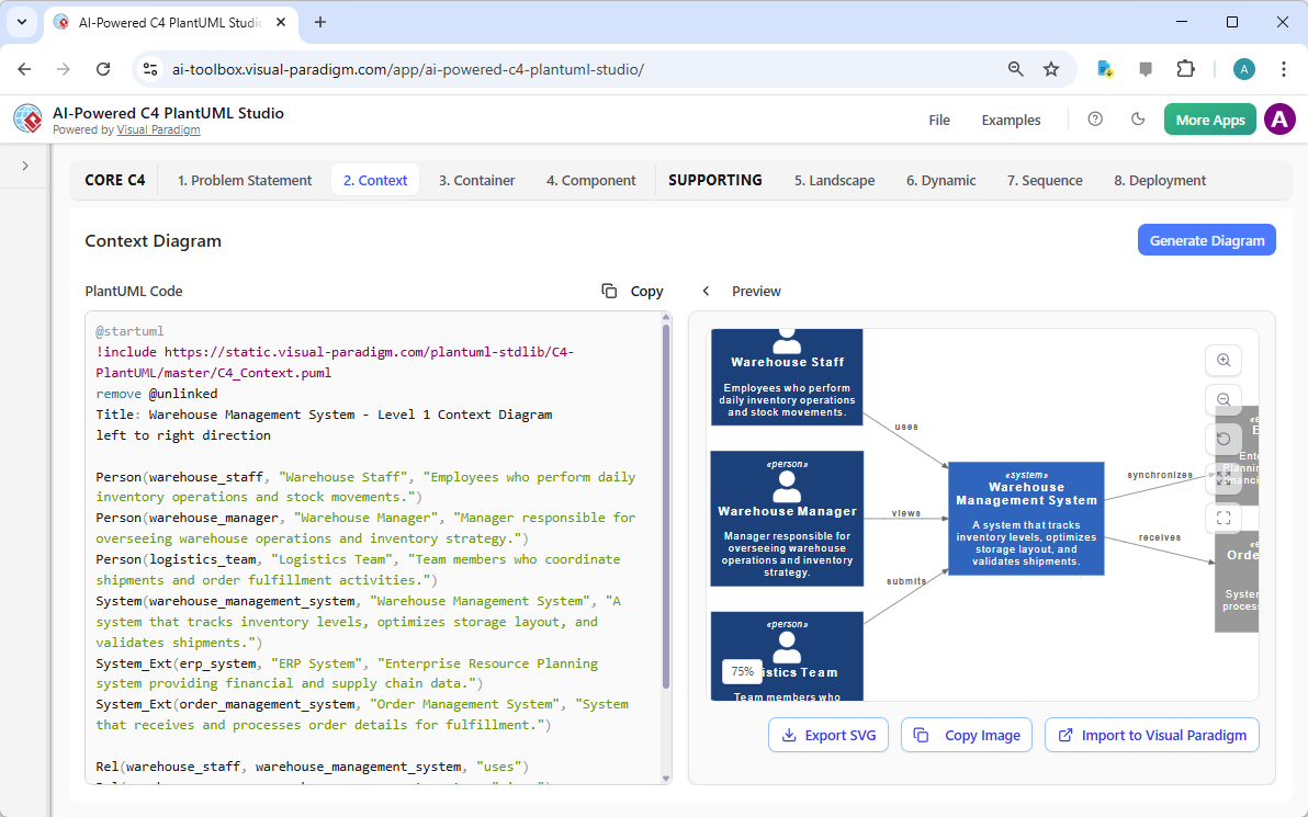 This is the screenshot of Visual Paradigm's AI-Powered C4 PlantUML Studio. We are now at step 2. It shows a C4 Context Diagra