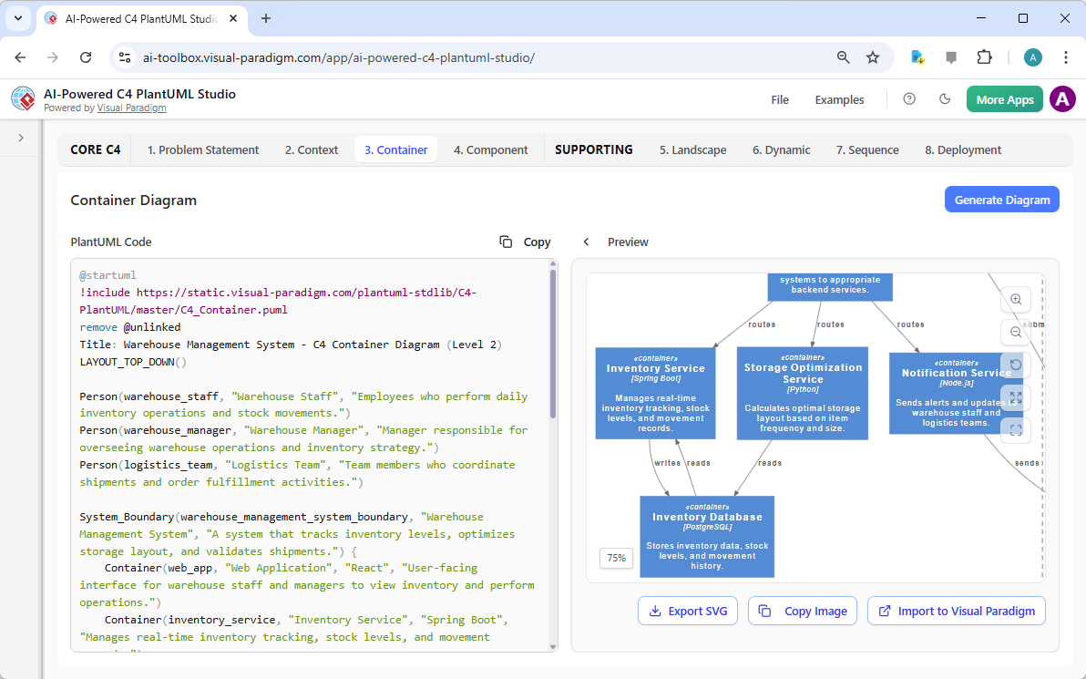 This is the screenshot of Visual Paradigm's AI-Powered C4 PlantUML Studio. We are now at step 3. It shows a C4 Container Diag