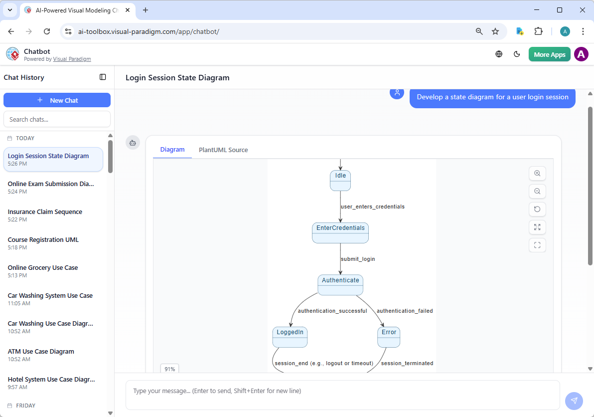 Using Visual Paradigm's AI Chatbot to generate a state diagram