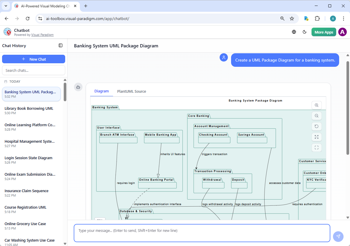 Using Visual Paradigm's AI Chatbot to generate a package diagram