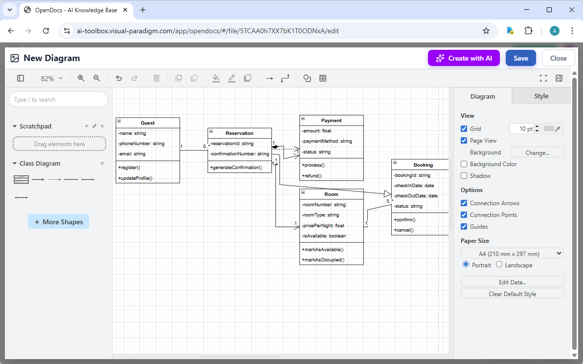 Editing a class diagram in Visual Paradigm OpenDocs, generated by its AI Diagram Generator