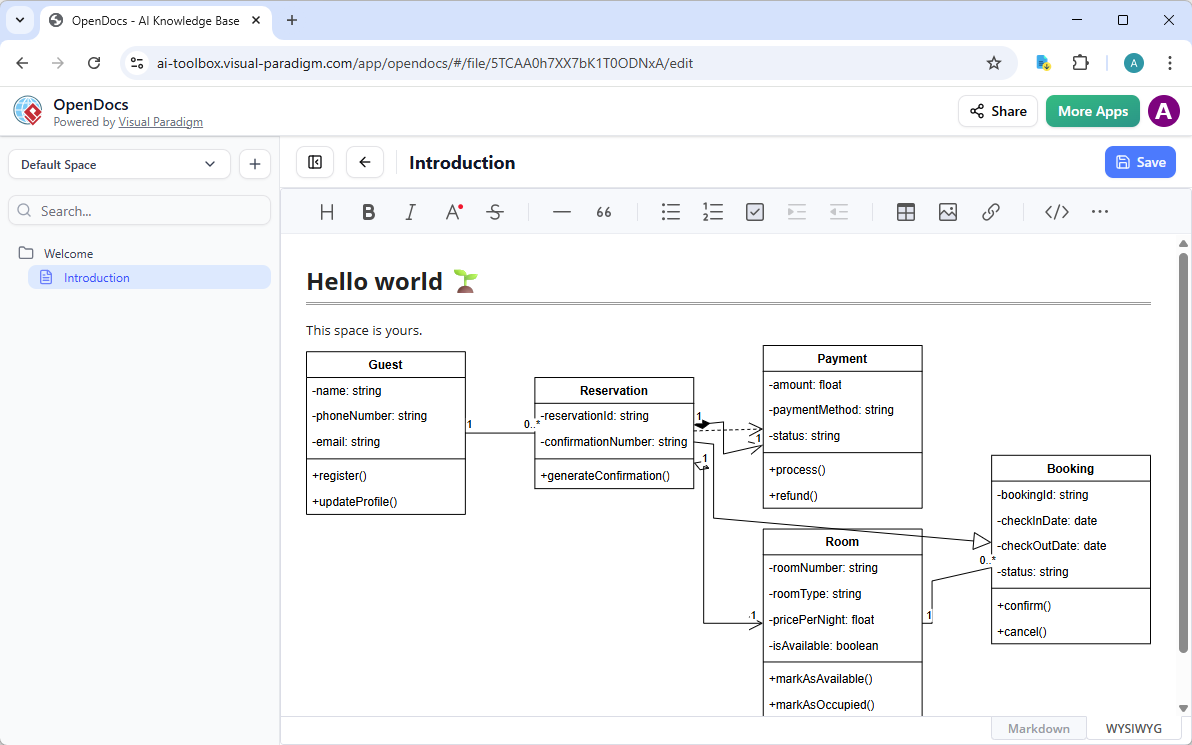 The class diagram embedded in a document page in Visual Paradigm OpenDocs