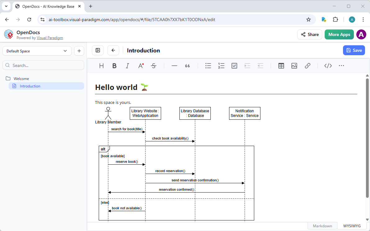 The sequence diagram embedded in a document page in Visual Paradigm OpenDocs