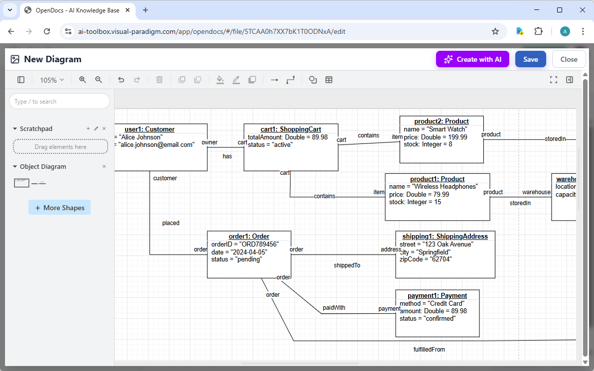 Editing an object diagram in Visual Paradigm OpenDocs, generated by its AI Diagram Generator