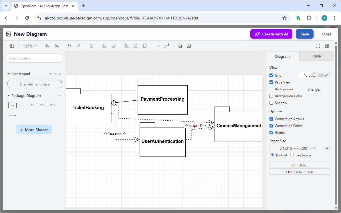 Editing a package diagram in Visual Paradigm OpenDocs, generated by its AI Diagram Generator