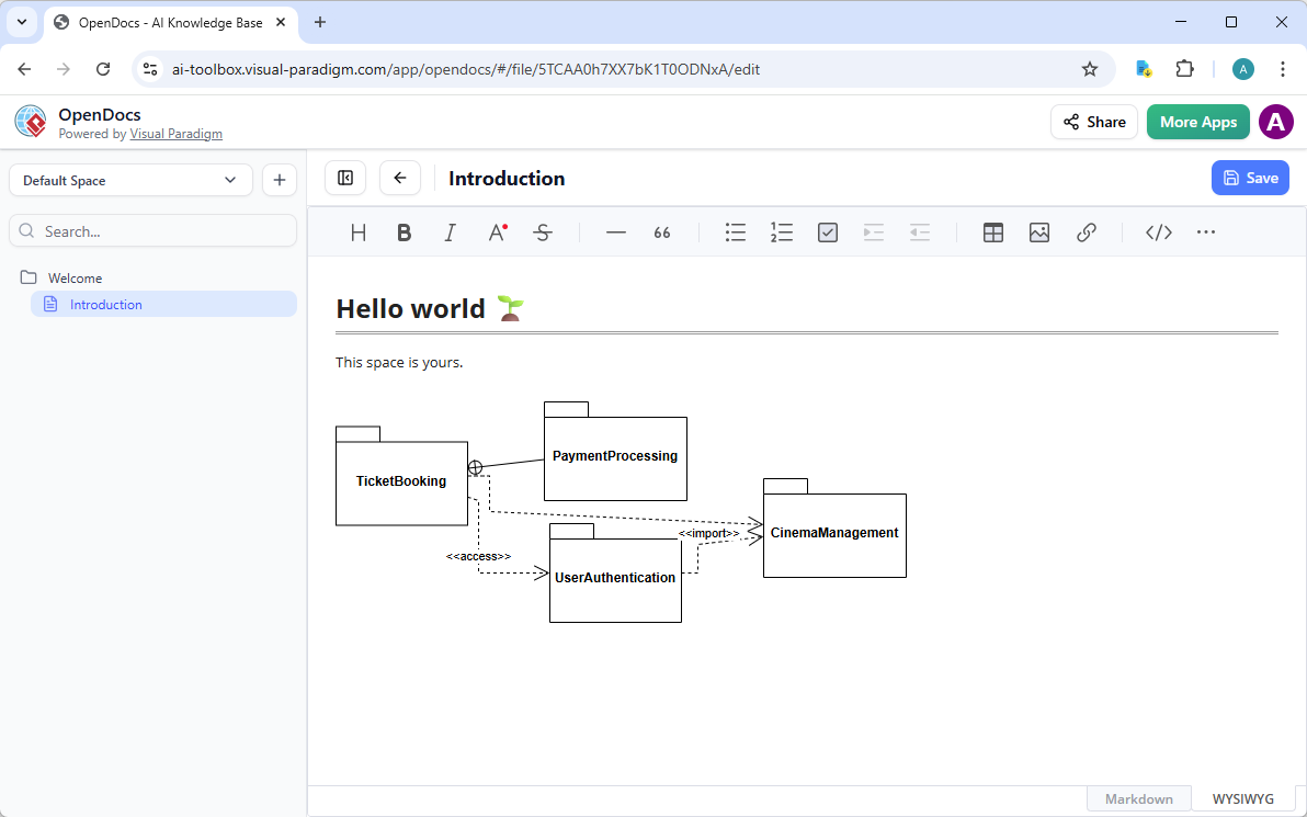 The package diagram embedded in a document page in Visual Paradigm OpenDocs