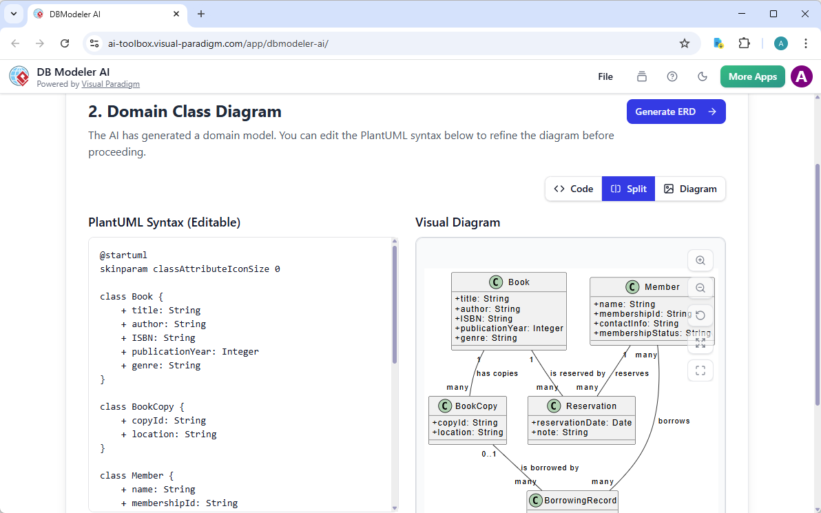 Screenshot of Visual Paradigm's AI Powered database design tool: DB Modeler