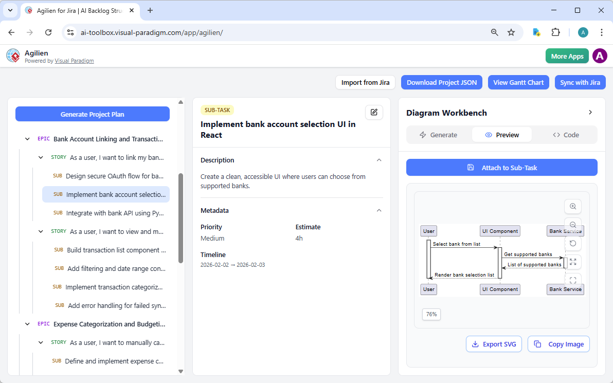 Screenshot of Visual Paradigm's AI Powered product backlog management tool: Agilien