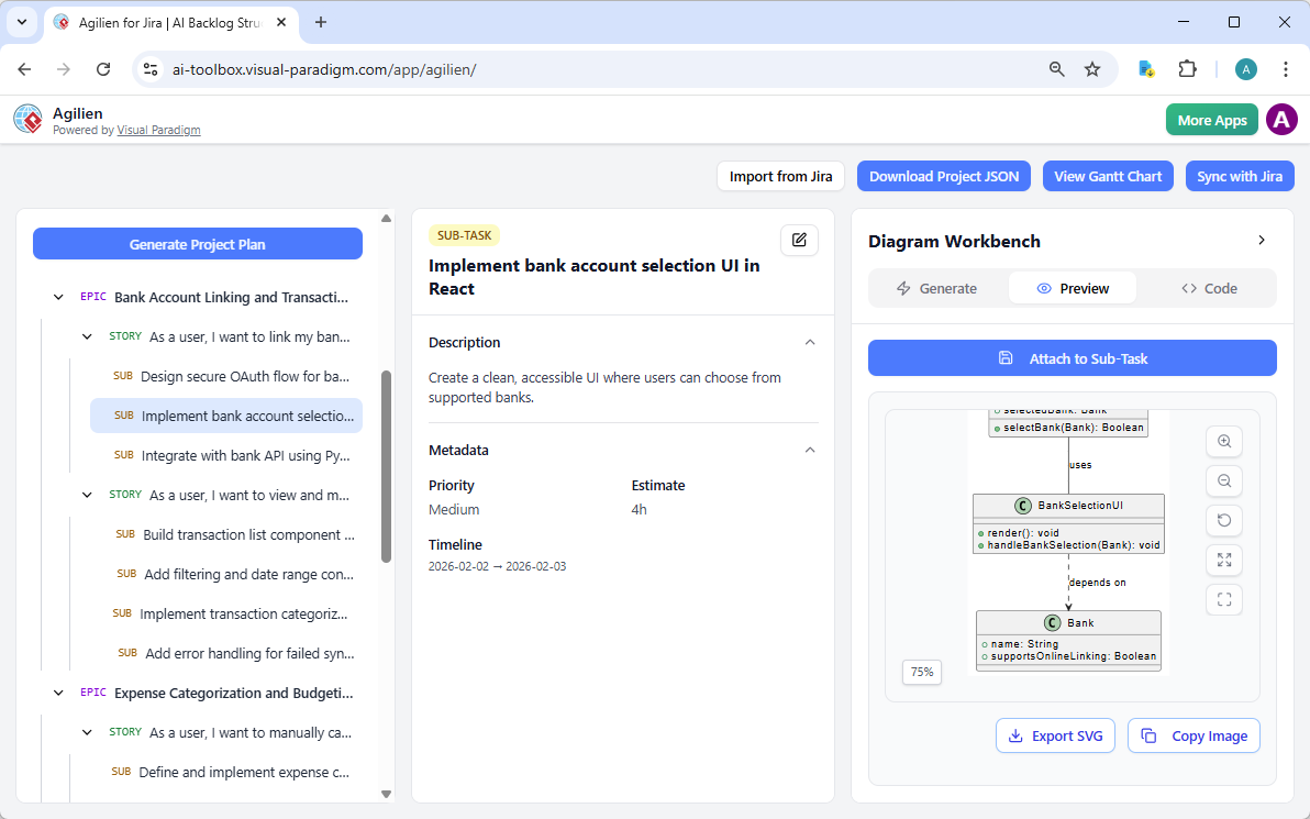 Screenshot of Visual Paradigm's Agilien - An AI Powered Backlog Management App