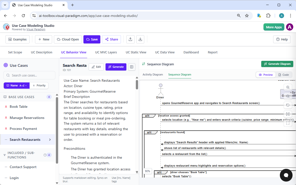 Screenshot of Visual Paradigm's AI Powered Use Case Modeling Studio