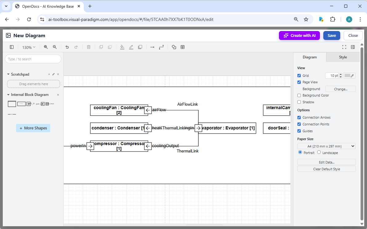 Editing a SysML Internal Block Diagram in Visual Paradigm OpenDocs, generated by its AI Diagram Generator