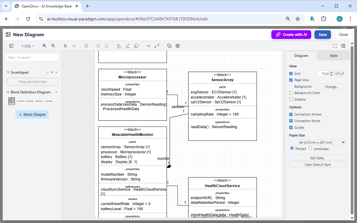 Editing a SysML Block Definition Diagram in Visual Paradigm OpenDocs, generated by its AI Diagram Generator