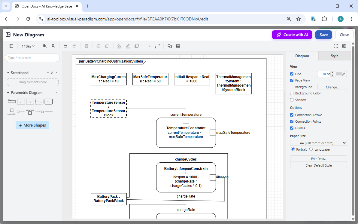 Editing a SysML Parametric Diagram in Visual Paradigm OpenDocs, generated by its AI Diagram Generator