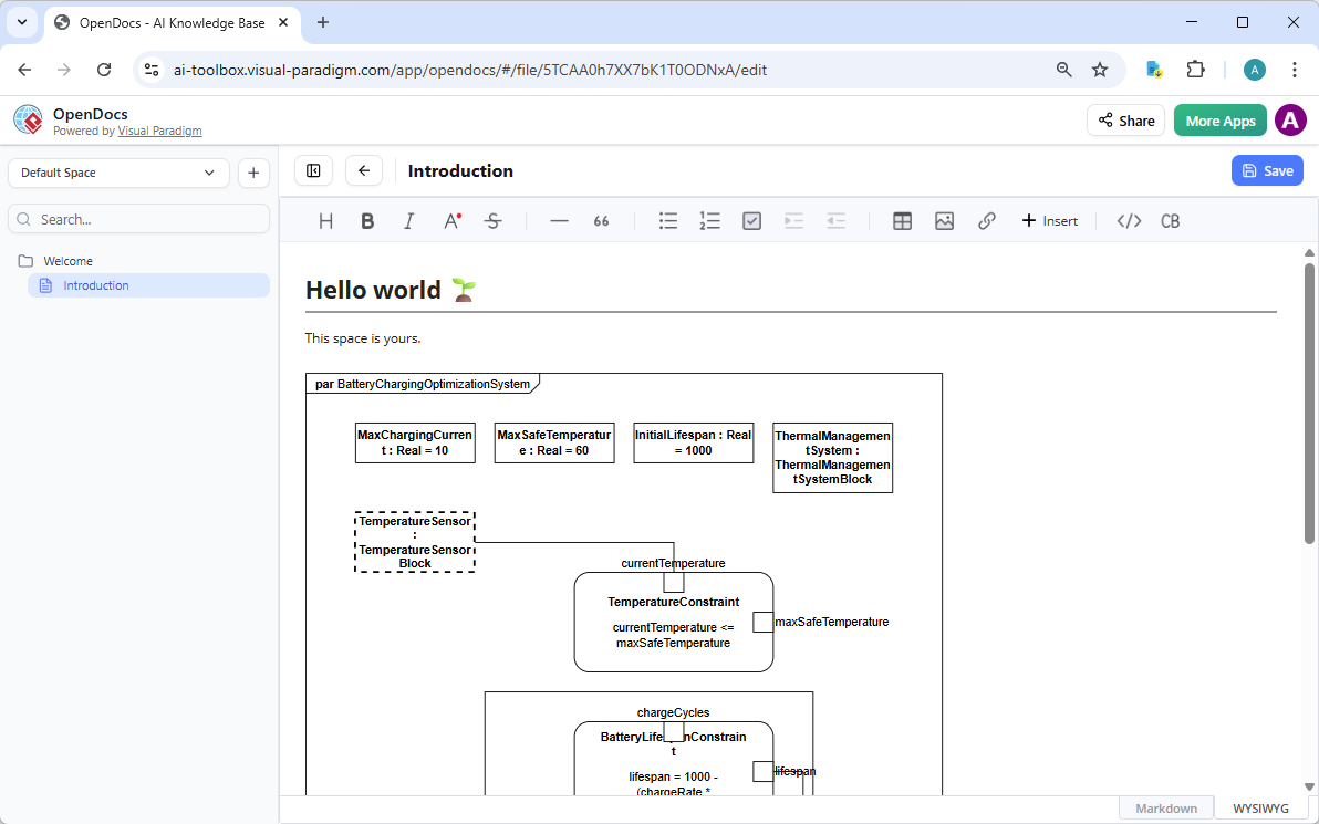 The Parametric Diagram embedded in a document page in Visual Paradigm OpenDocs