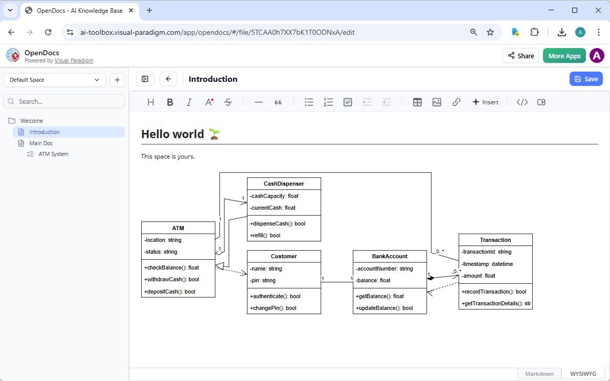 Editing a UML Class Diagram in OpenDocs in Visual Paradigm AI